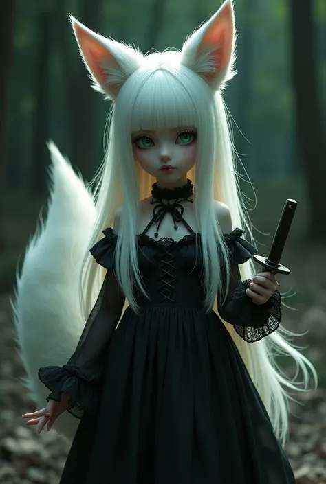 a fox girl with super long white straight hair and green eyes floppy fox ears fox ears down and a white fox tail she wearing a black Gothic Lolita dress and holding a knife
