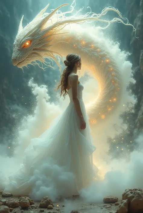 A white dress woman an own colliding which createnew creature

