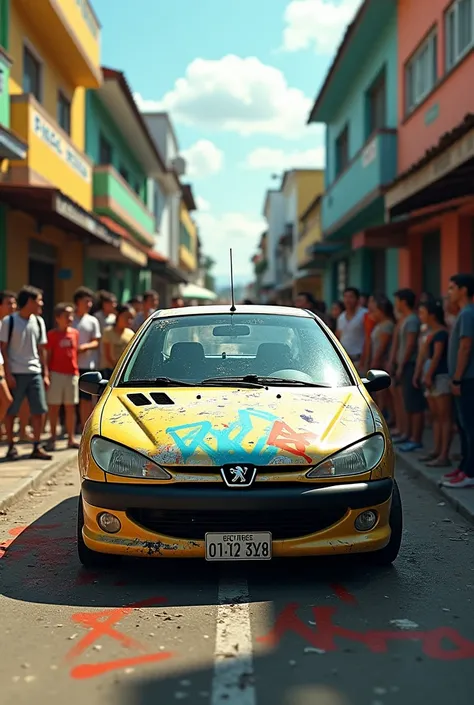 A Peugeot 206 scratched all over a Brazilian street with lots of young people who want to see it