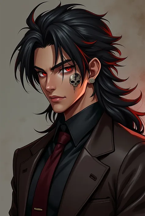  a 22-year-old boy ,  with a good physique ,  with a serious and flirty personality  ,  with long black hair and a small red lock, with brown skin, red eyes, a skull head on his cheek , wearing mobster clothing 