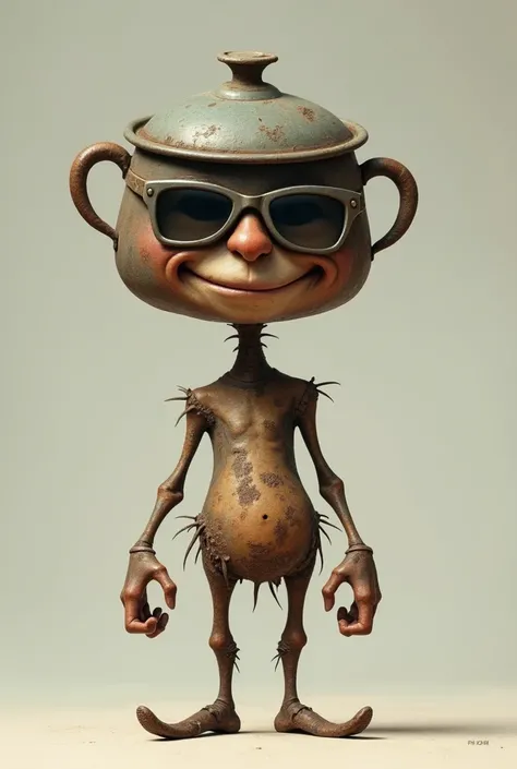 Picture a two-legged man with an iron pot on his head wearing sunglasses