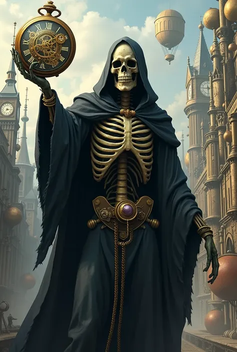 Death holding a watch in a steampunk civilization