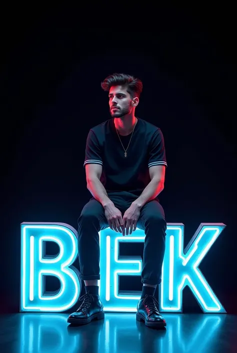 A young man is sitting on top of large capital letters that spell "ASILBEK" written in neon colors on a black background, in 32K ultra-high quality.

