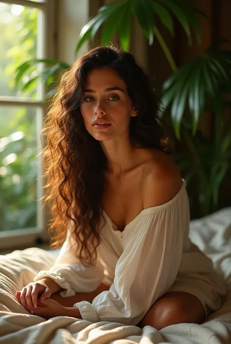 (photorealism:1.2), beautiful woman, sitting on bed, wearing loose off-shoulder top, withoutCloth, long curly hair, indoors, soft lighting, plants in background, window with sunlight, cozy room, relaxed pose, realistic, intricate details, warm colors, by G...