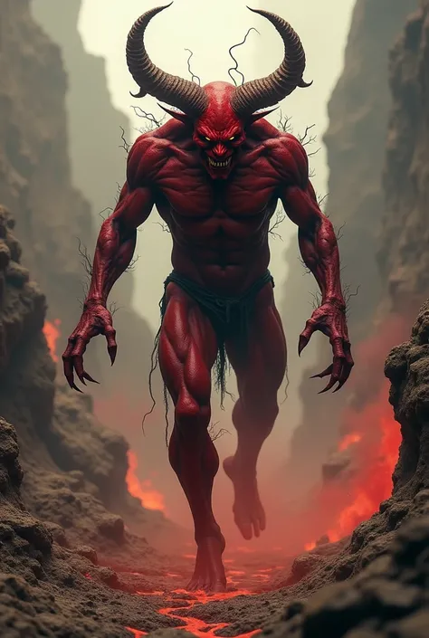 A red man-like demon with horns is walking up from the earth. Realistic