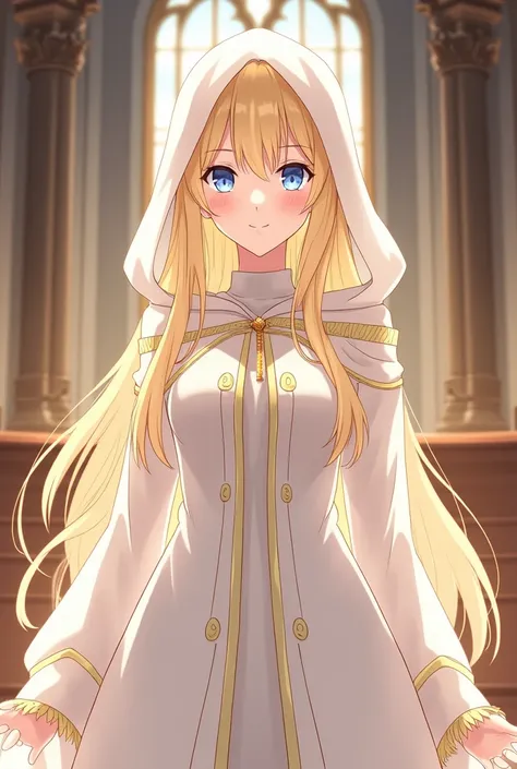 Create an anime priestess! Just a simple anime art, make the background a church.

Make sure she looks like:

Simple anime priestess art, pretty face, slightly blushing, blue eyes, blonde yellow hair, has bangs with long side bangs, pale skin, wearing a wh...