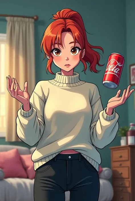 (comic)A red-haired teenage girl with a ponytail,  brown eyes,  wearing a white sweater ,  black pants , in your room and using your hands to levitate an empty soda can