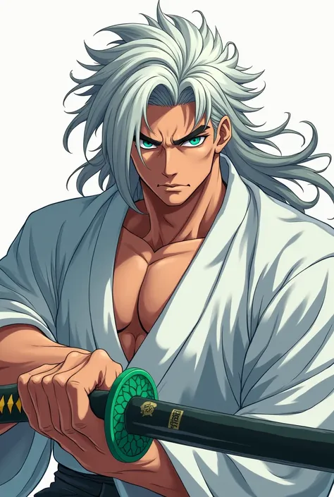 Twenty-five year old male anime character with a pumped up body in white haori, one katana in his hand with a bright green ,  on the head with loose long white hair and turquoise eyes,