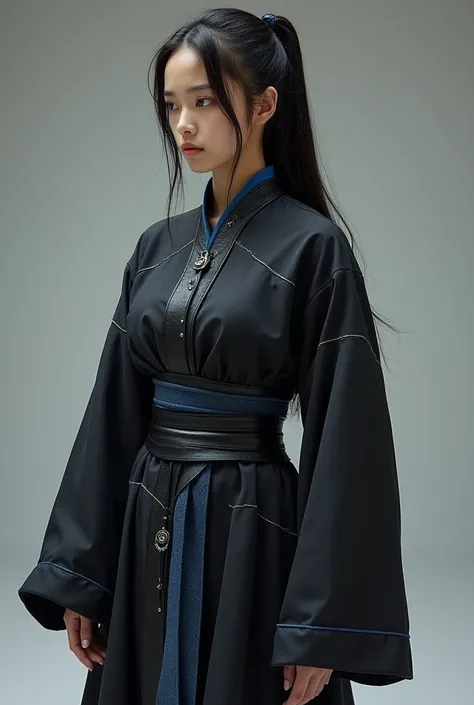  Create a feminine fighting costume inspired by Onmyoji ,  that combines mystical elements with a modern look .  In matte black colors with silver and dark blue details. With a short, fitted tunic ,  with wide sleeves that narrow at the wrists ,  recalling...