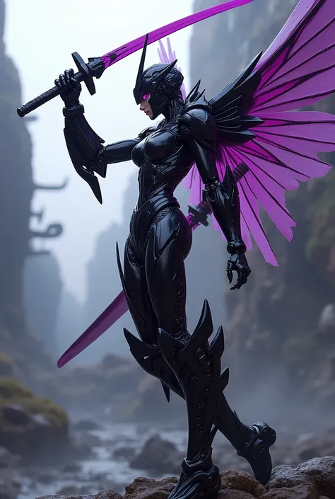  female transformer autobot, japanese style, black and purple color, two swords on its back, posing elegantly like swaying her sword.