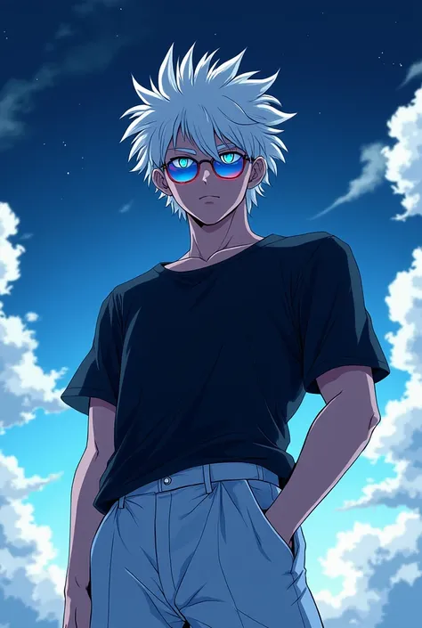  
anime illustrations  ,  front view,    a guy with white hair and low round shiny sunglasses, letting his eyes see ,  detailed blue eyes, pale skin, black shirt,  wide white pants ,  athletic body ,  that rise  ,  lenses neon blue  ,   look across the hor...