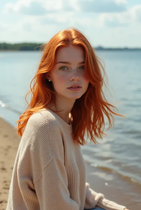  Realistic photo of a girl with bright red hair,  packed in a stylish square . She has fair skin.,  green eyes and sophisticated facial features .  The girl is on the beach by the Gulf of Finland .  The background shows calm water ,  sandy shore and skylin...