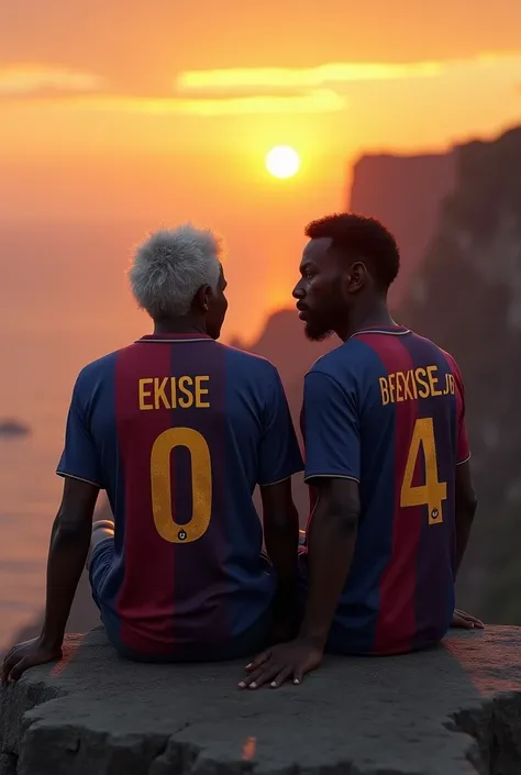 two people both blacks an old father and son seated on edge of  cliff at sunset wearing barcelona t-shirts written Ekise Snr and Ekise Jnr talking to each other 