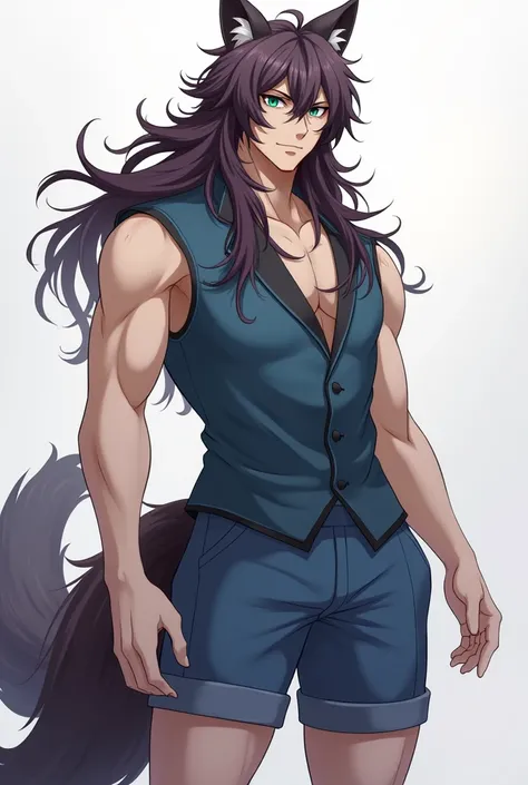 A anime guy, 6, foot 5 inches. He has long dark purple brown hair that goes to his sides, he has a tail that is brown and gray, with wolf ears that are the same. One eye, is a deep blue abd the other a light green. He wears, periwinkle blue waistcoats and ...