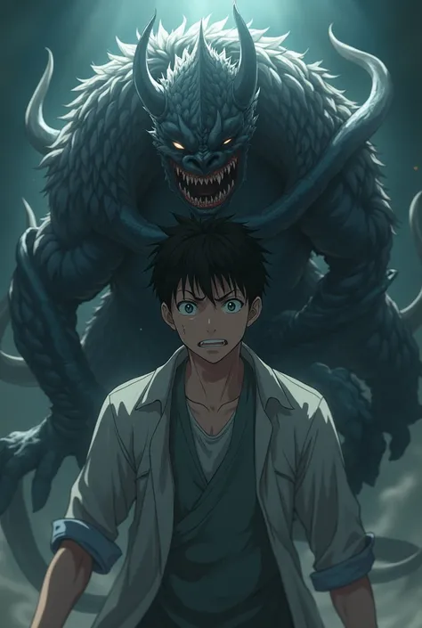 A (in anime character)young anguished man(4k resolution) trying to escape a curse in form of a monster(metaphorically)while literally 
being attached to the monster, that has been been passed down from generations to generations 