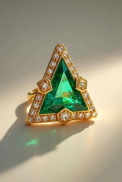 A simple gold triangular shaped jewelry ring with emerald and diamonds 