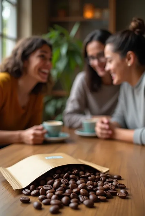  generate a coffee ad that appeals to Maslows need for belonging, let there be a group of people on them and a PACK of coffee with spilled beans. LET THE FACES NOT BE DISTORTED  