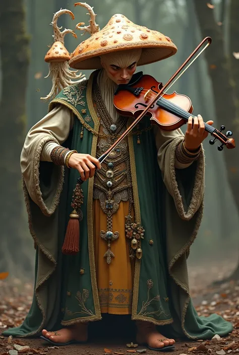 Male, Mushroom, humanoid bard playing a violin, while wearing fancy clothes