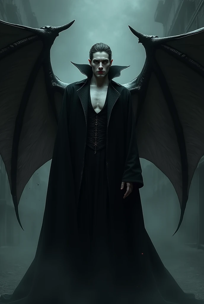 Vampire man, well defined face,  pale red lips , with huge bat wings ,  with elegant black robes 