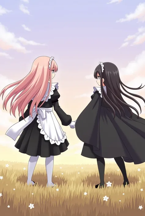 anime character of two women dressed in  maid clothess standing in a field,  maid clothes,   black and white skin-tight robe  !, changesh, Black and White, Black White Pink,  Maid Dress, 2b ..., 2b,   anime maid riding an early tank , Nier 2b ..., black an...