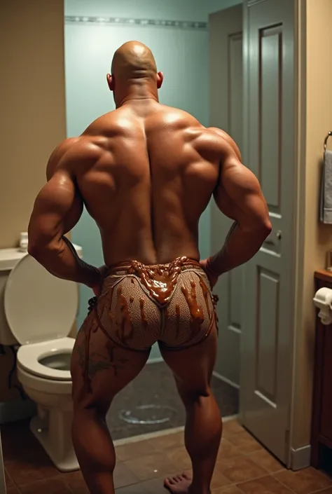 Dwayne Johnson in tight tiny short boxers running to toilet with poop diarrhoea chunky melted chocolate coming out his butt back view with his hands placed on his butt gripping rubbing it