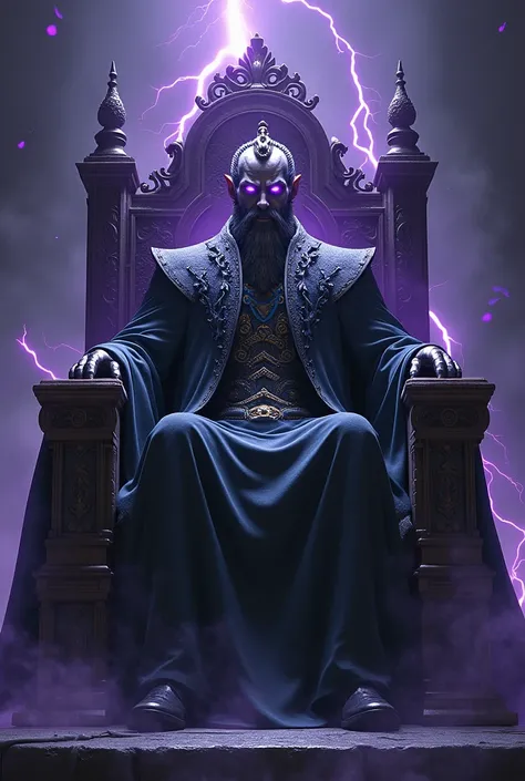 SON Of hades and thanatos..King of death and underworld..sitting on the underworld in his throne surrounded by souls flying...Ultra realistic 4k..Dark colors with purple lightning coming out of his body and eyes