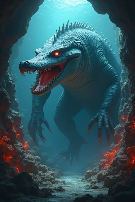  Create a monstrous hybrid creature that mixes the characteristics of a shark and an alligator .  This creature must have an elegant body , similar to a shark, with rough and scaly alligator skin ,  a huge head mixing the snout of a shark with the powerful...