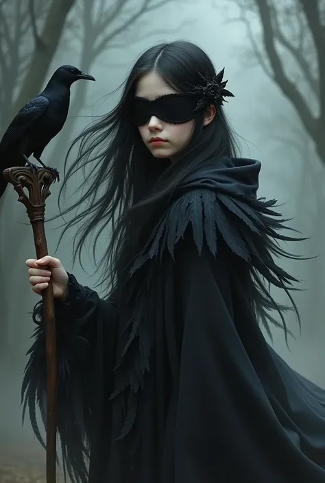 A blind girl, with a blindfold mask, long hair, black and white hair, raven queen,with a crow, holding a stick, wearing a coat of raven feathers