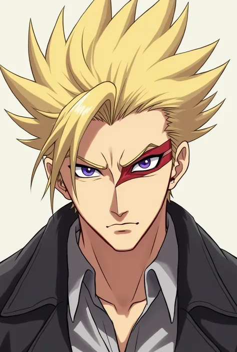 
 Make a man with a Zig Zag mark on his left eye, Purple eye,  blonde hair thrown on the side ,  straight hair and 3 spiky tips , white with a more serious look . anime line.