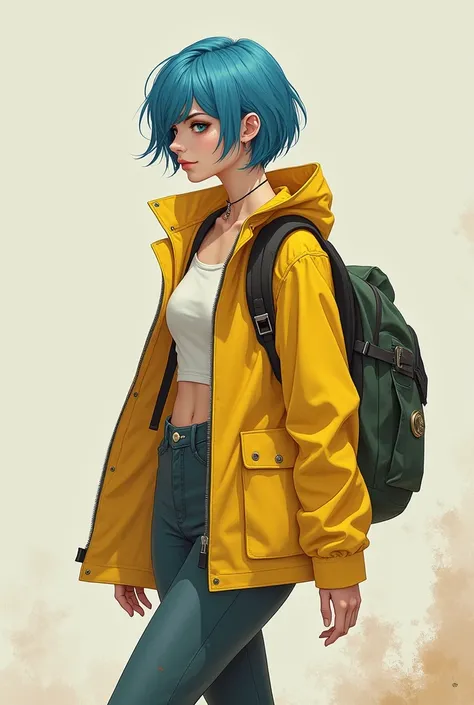 Create a sexy girl sensual with Hair: Blue, short, and stylish.

Clothing: She wears a bright yellow raincoat, symbolizing protection and hope.

Footwear: Rain boots, which are muddy, representing the journey and challenges faced by pilgrims.

Accessories:...