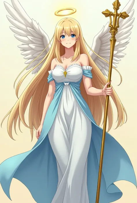 Teenage female anime style character design, she is tall, has long blonde hair and blue eyes, very fair skin and has a well-endowed figure, she wears a tunic, which is white on the shoulders and arms to the upper chest and light blue on the rest of the dre...