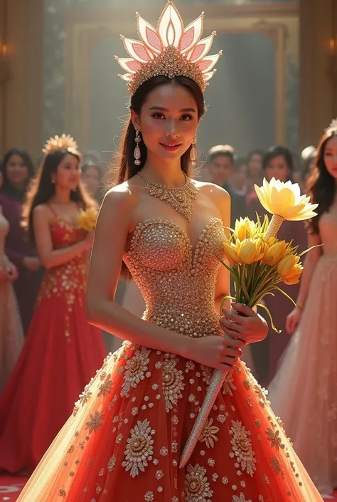  Create a picture of Miss Vietnam wearing a super sparkly prom dress with 999 appliqués,999, 999 diamonds and with a large crown made of diamonds and featuring a pink lotus head with pearls and quartz stones and a necklace with a drop shaped gold pearl and...