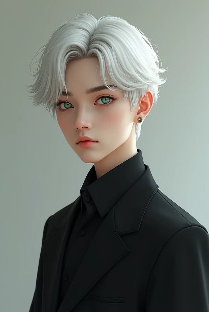  a boy with white hair and green eyes with a nice body and a spectacular face in a black suit whose face is Korean