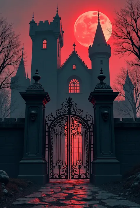 The exterior of an old Gothic vampire castle but more closely outside the castle gate with red and black tones 