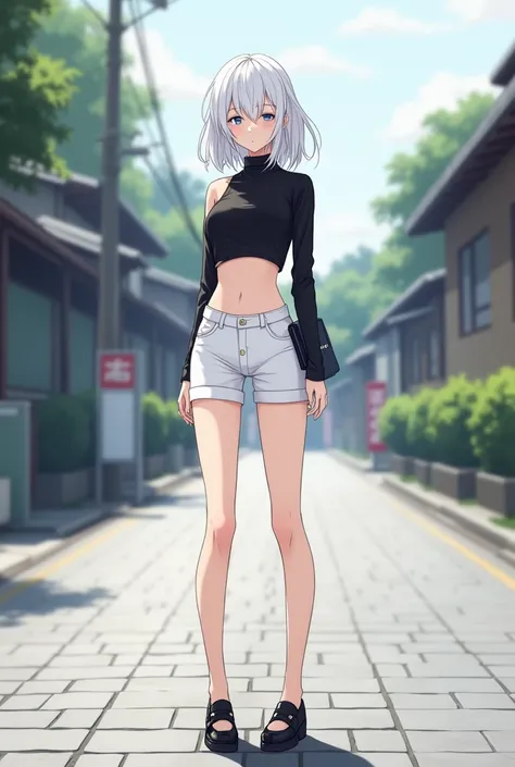 A beautiful white anime girl wears white shorts and a black shirt without sleeves with an opening at the stomach and has black shoes while she is standing on the road