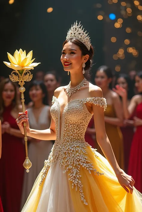  creates an image of Miss Vietnam wearing a super sparkling white and yellow evening dress with 999 ,999, 999 diamonds attached to the evening dress and has a crown made of diamonds and has a pearl holder with precious stones and quartz stones and a neckla...