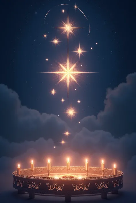 Create an image with specifically only seven bright stars in the middle and around these stars only seven candle holders