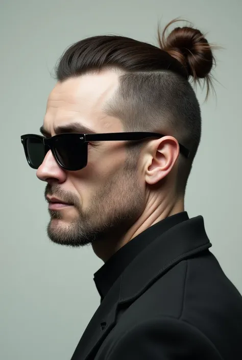 Side profile. A guy with white classes and black lens so you cant see his eyes. Its directly from the side and he has a very massive forehead thats so big its drooping ontop of his glasses. He looks in his 30s and has a mini ponytail mens haircut with buzz...