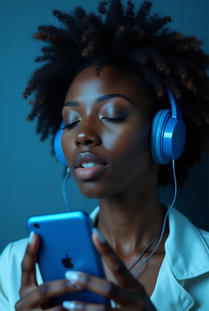 Create for me an image of a black woman listening to music blue phone image for a website banner.