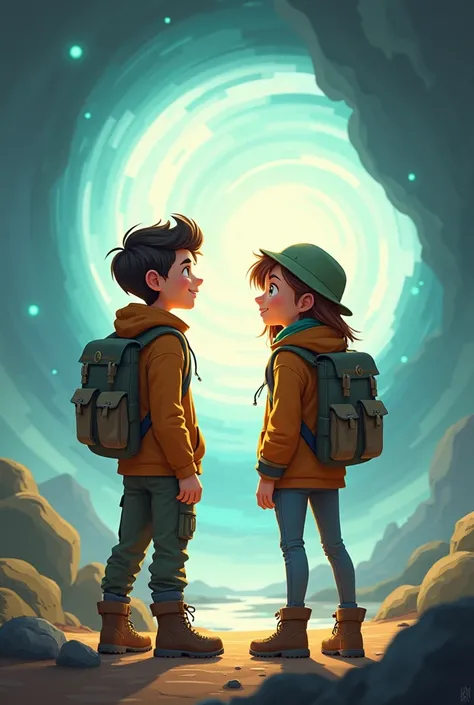  a boy and a girl animated surreal teenagers wearing explorer clothes, curiously watching a portal or dimensionn 