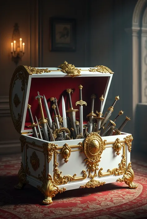  White chest with gold finishes, medieval armaments inside 
 