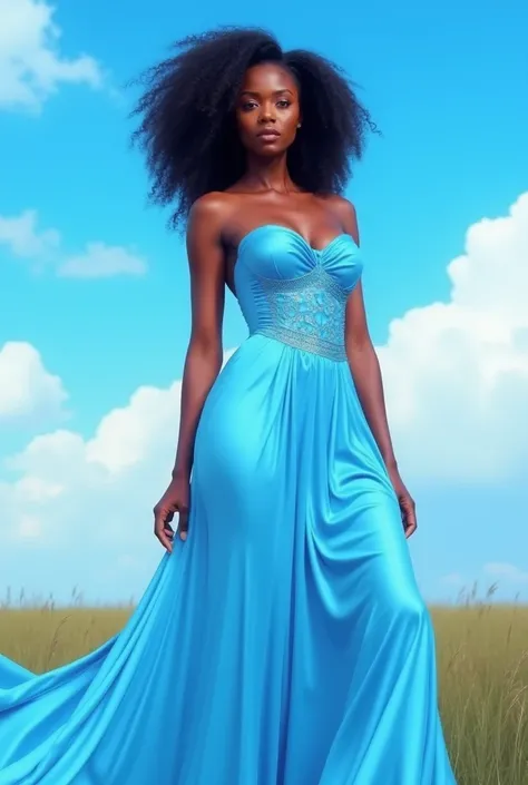 Beautiful slim nigerian woman with big breasts frontal sky blue gown topless 