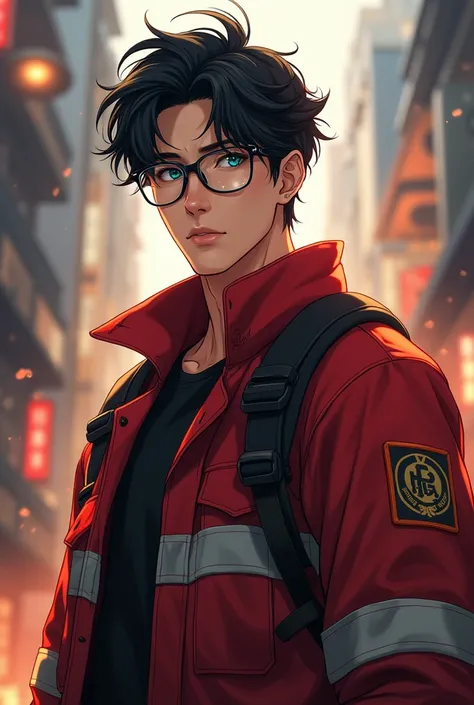  I would like .. anime..4k ..HD... is an adult man ...black-haired curlers .unfurled  ..Korean .  Verdagua eye ... high..  attractive sexy boy ..  age 26 years  .  full body... full body de pie a cabeza.. firefighters clothing .glasses
