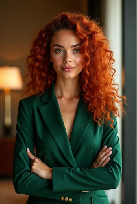 A 22-year-old Brazilian woman, with curly red hair and green eyes, taking office. wearing luxury formal wear. 8k realistic.