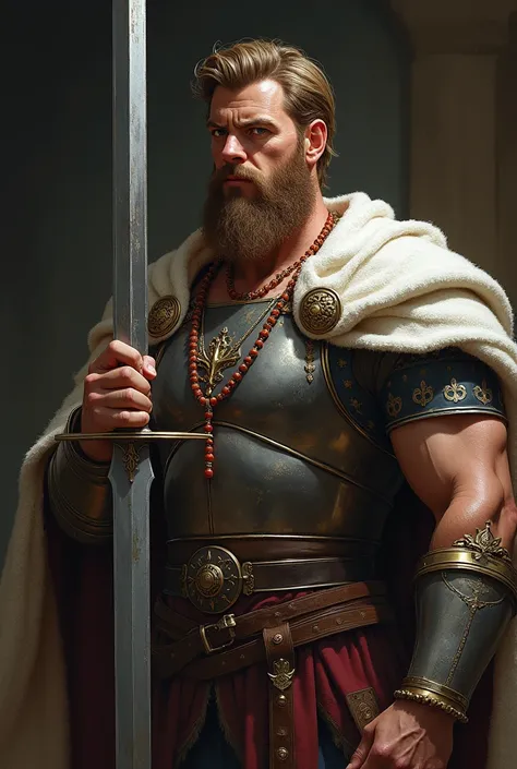 King Arthur with a rosary around his neck, 27 years old, strong, masculine, sword, realistic.