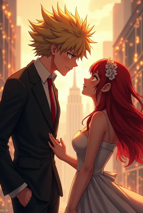 Bakugo katsuki with yellow hair and red eyes proposes marriage to a red-haired guy or a man with long hair, style,  my hero academia