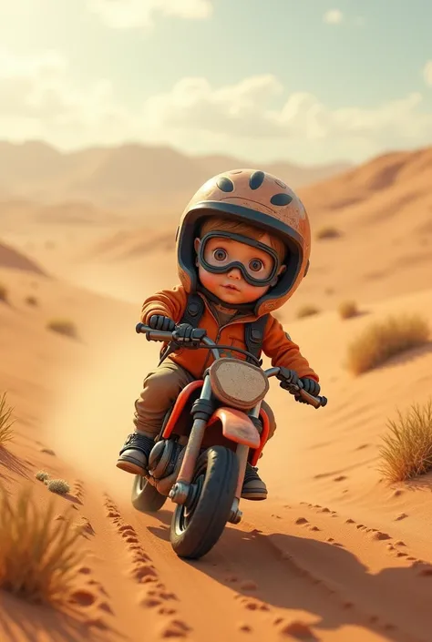 "A baby boy on a small dirt bike in a desert scene, wearing a mini helmet and goggles, with tiny sand dunes in the distance."