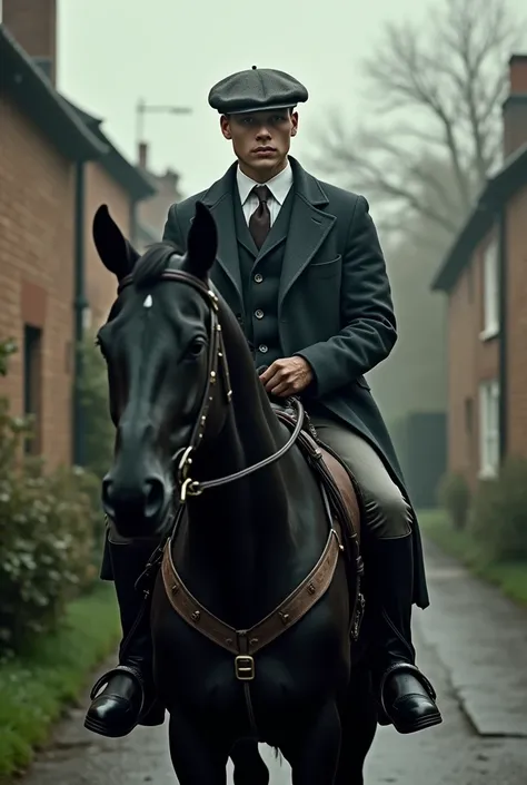  Thomas Shellby from Pik Blinders riding a black horse with dress clothes worn after the second world war, leather cover and a setting from the time as if it were in a small village in England  