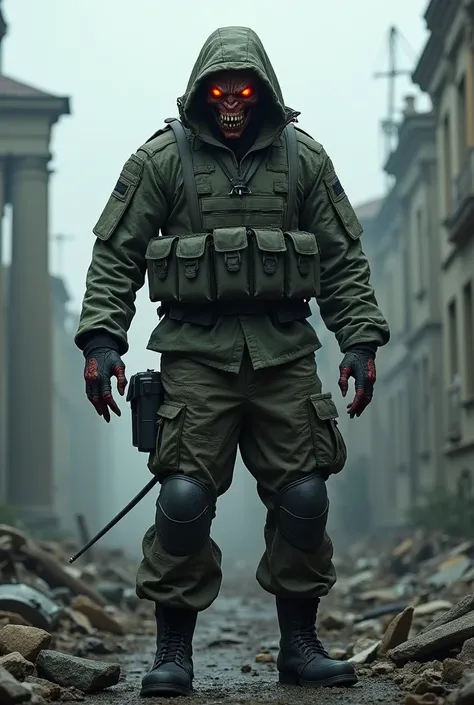 A demon in the guise of a Russian athletic soldier dressed in the combat uniform of the Russian army 