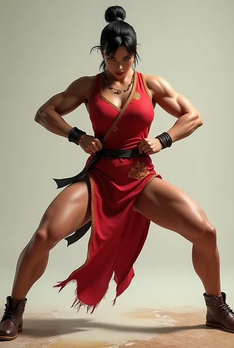 create an image of Chun-Li in her red Chinese dress ,  squatting and tearing the seam of her dress on the side of her thigh, Make it clear that she has broken because of how big a leg 